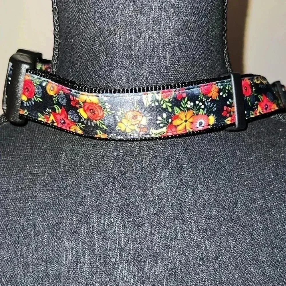 Dog Collar Orange Pink Floral Black Extra Large Heavy Duty Quick Release Collar - Picture 11 of 16